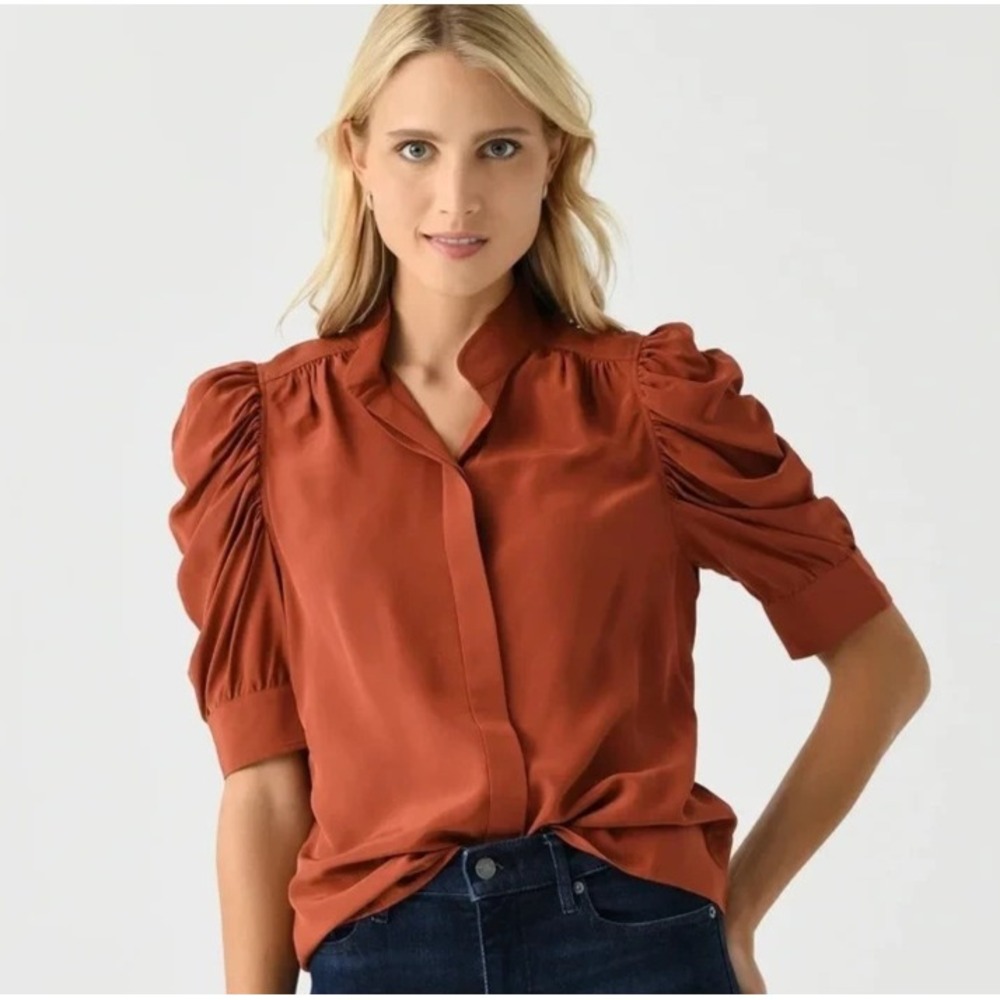 Frame The Gillian 100% Silk Puff Sleeve Blouse Rust Orange Size S Button Front